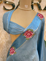 Blue Satin Silk Petite Point Embroidery Saree 305