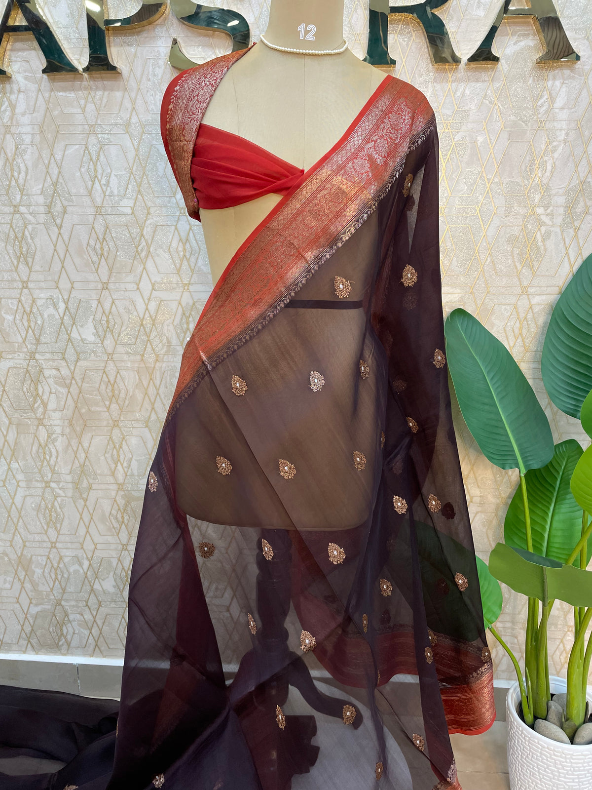 Brown n Orange Pure Kora Organza Antique saree 02
