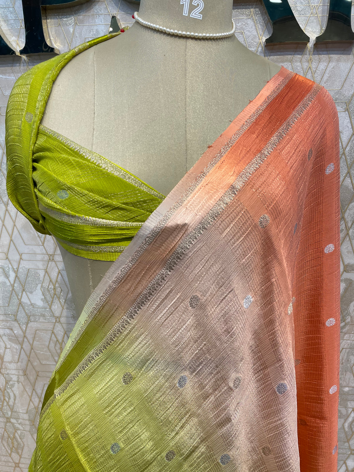 Green n Orange Wrinkle Chiffon Dual Shade Saree 65