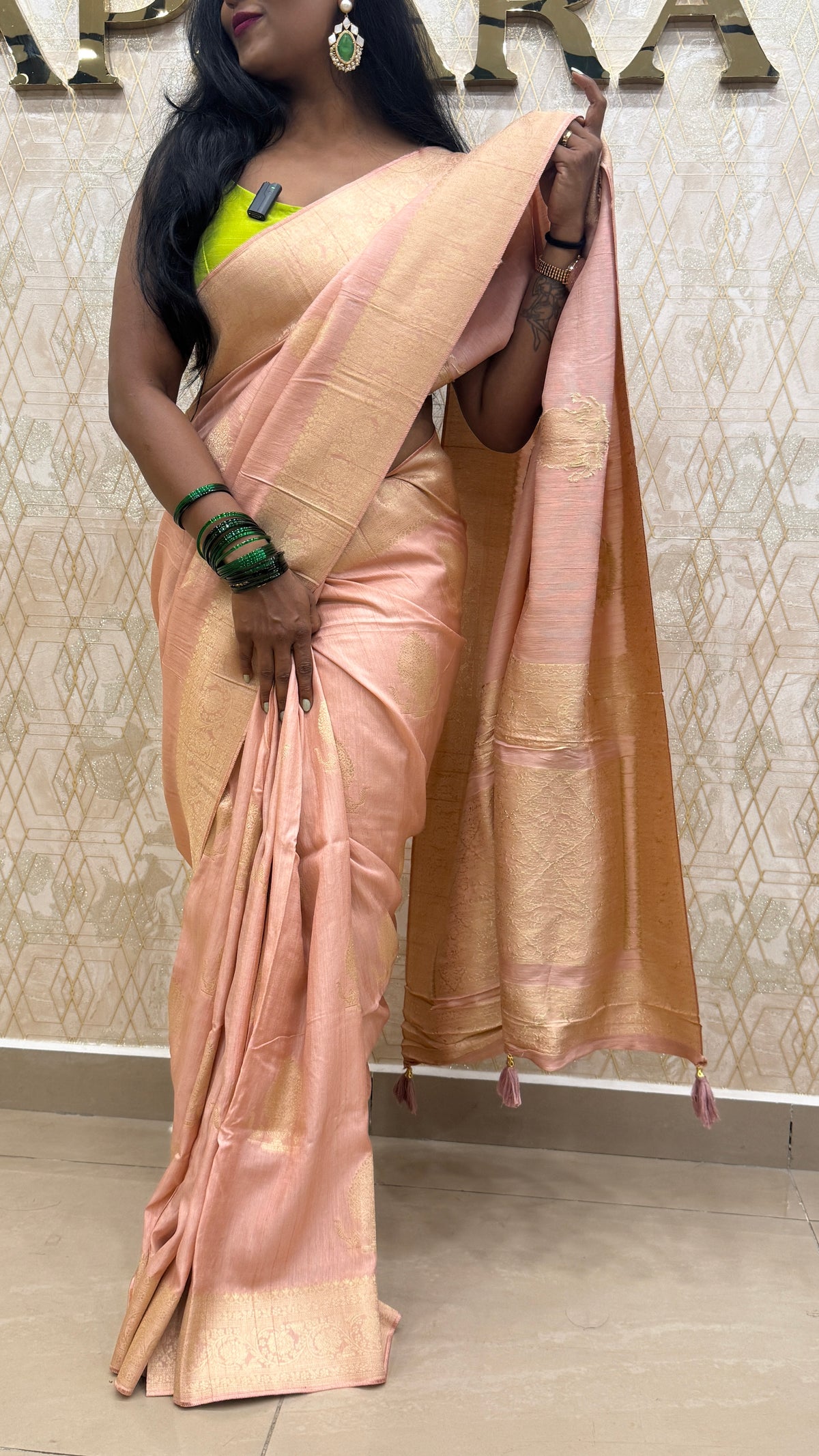 Peach Tussur Crepe Zari Work Saree 21
