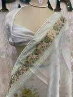 White n Green Soft Tissue Embroidery With Floral Print Saree 64