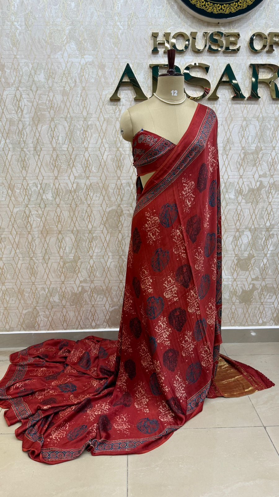 Red Pure Modal Silk Ajrak Print Saree 05