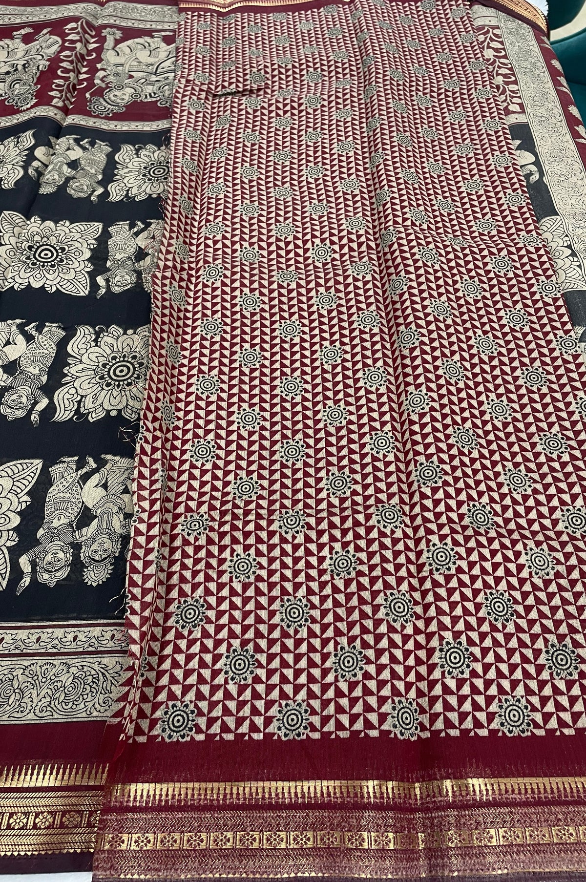 Maroon n Black Pure Mangalgiri Cotton Silk Saree 13