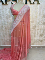Peach With Silver Zari Semi Chiffon