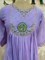 Lilac Mul Chanderi Silk Hand Embroidery Airline Alia Cut Kurtha 114