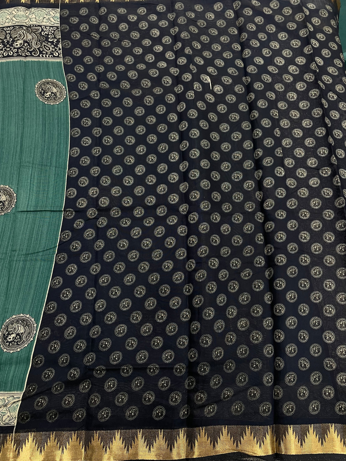 Peacock Green n Black Pure Mangalgiri Cotton Silk Saree 13