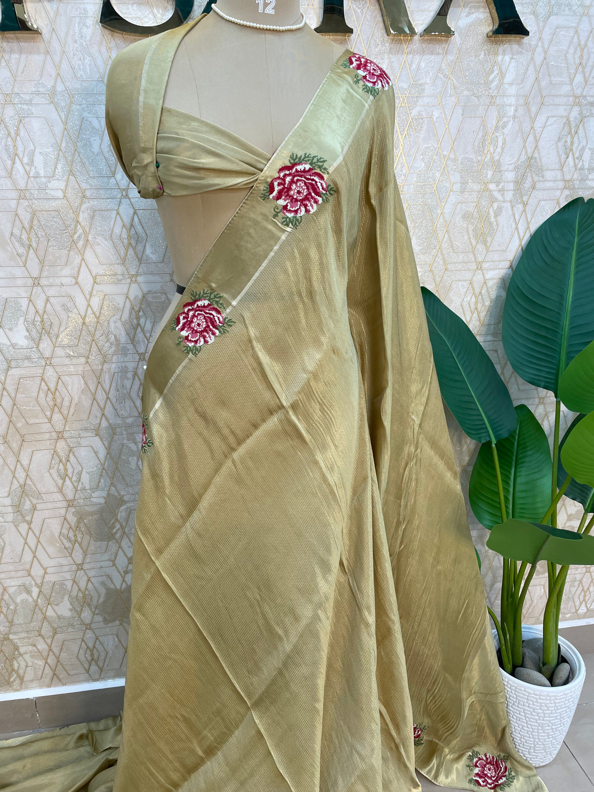 Beige Gold Satin Silk Petite Point Embroidery Saree 305
