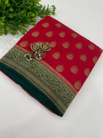 Red n Green Pure Banarasi Big Butta Crepe Saree 03