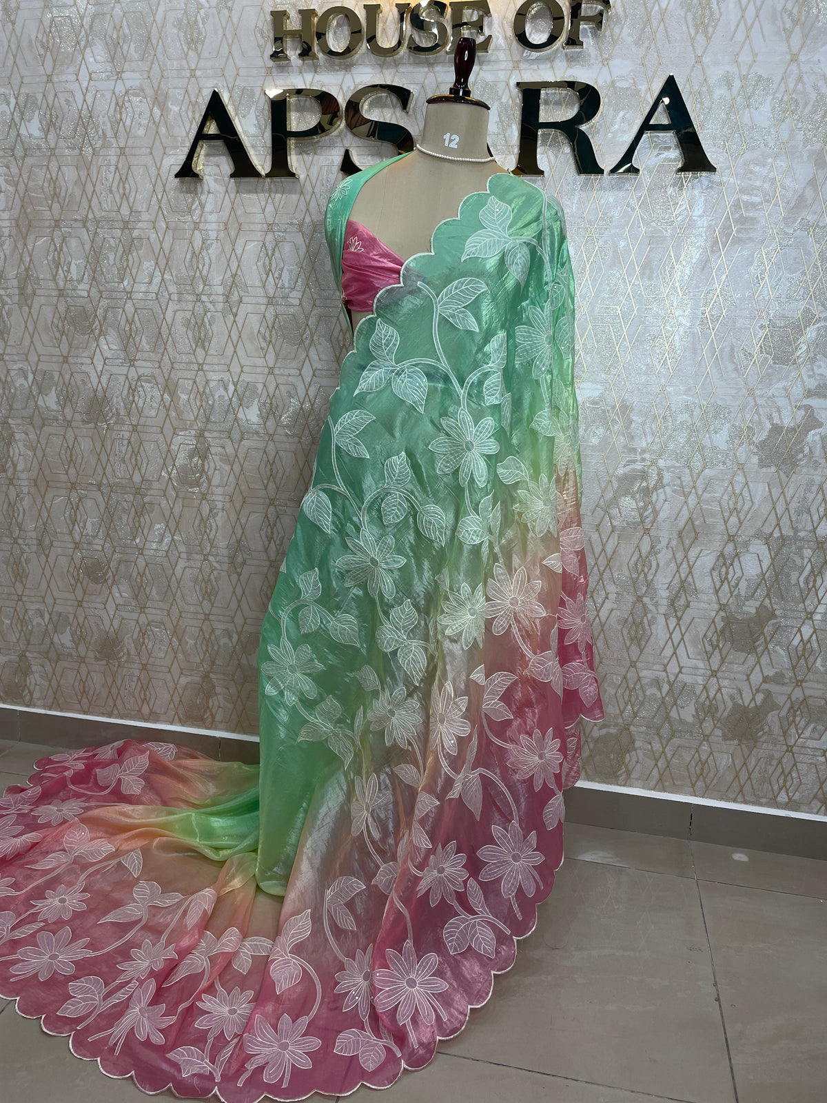 Green n Pink Organza Applique Work Saree 20
