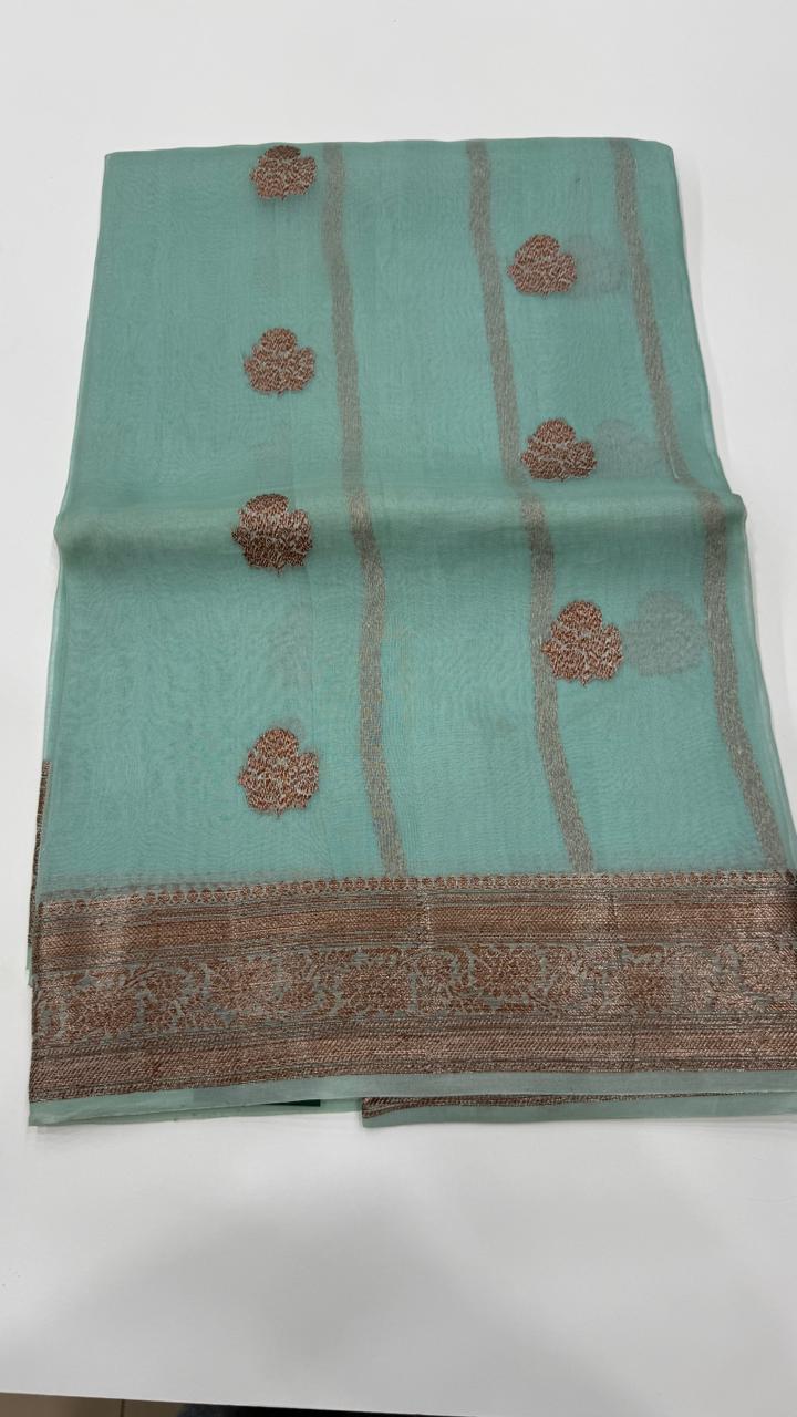 Sky Blue Pure Kora Organza Antique saree 02