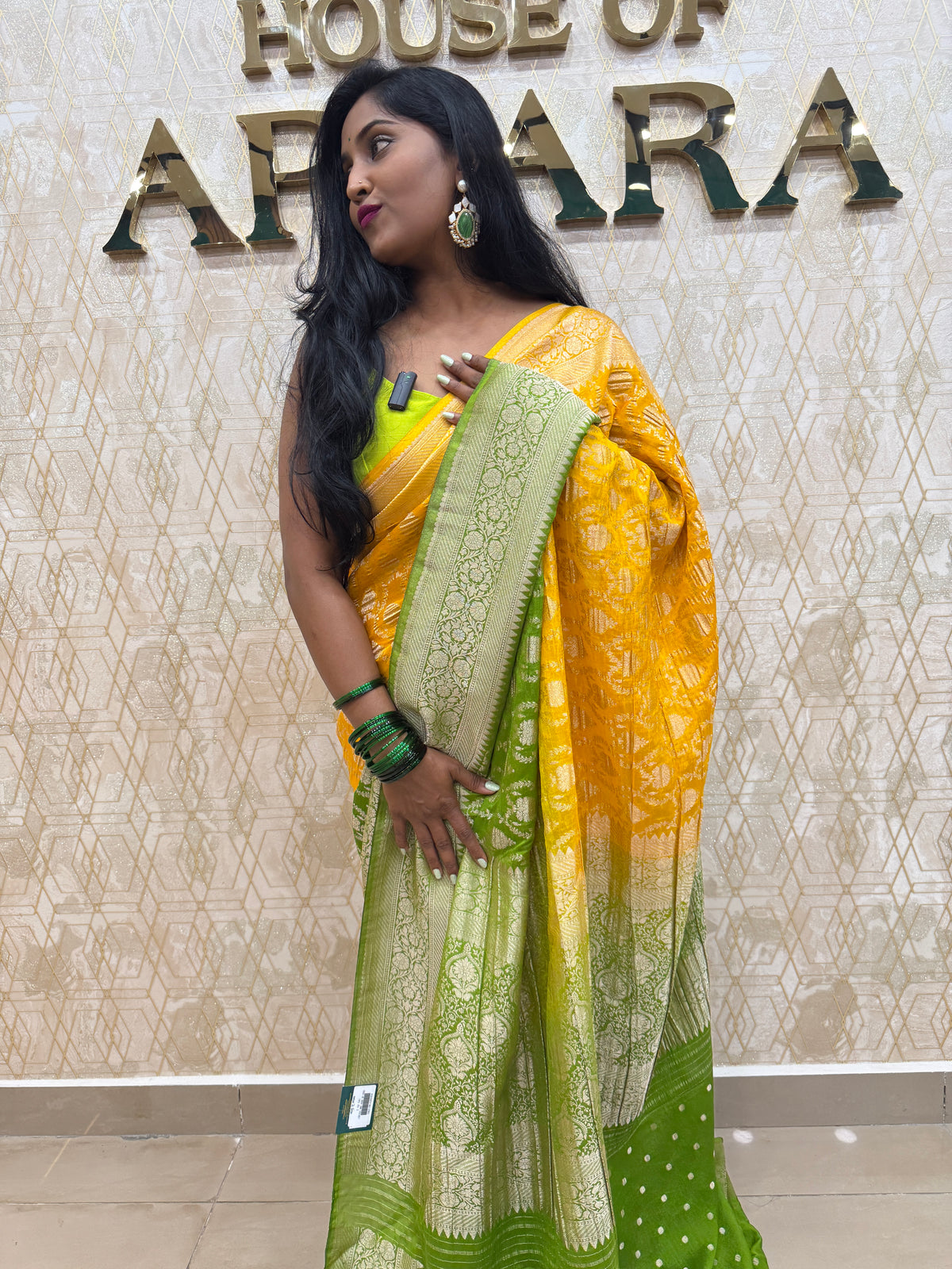 Yellow n Green Khadi Georgette Saree 26
