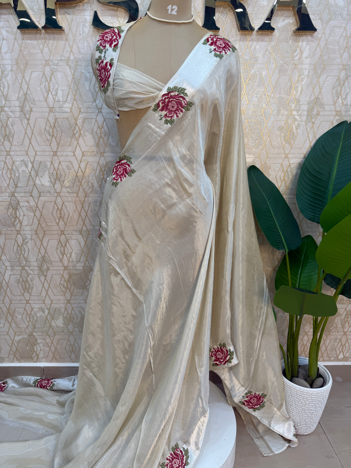 White Satin Silk Petite Point Embroidery Saree 305