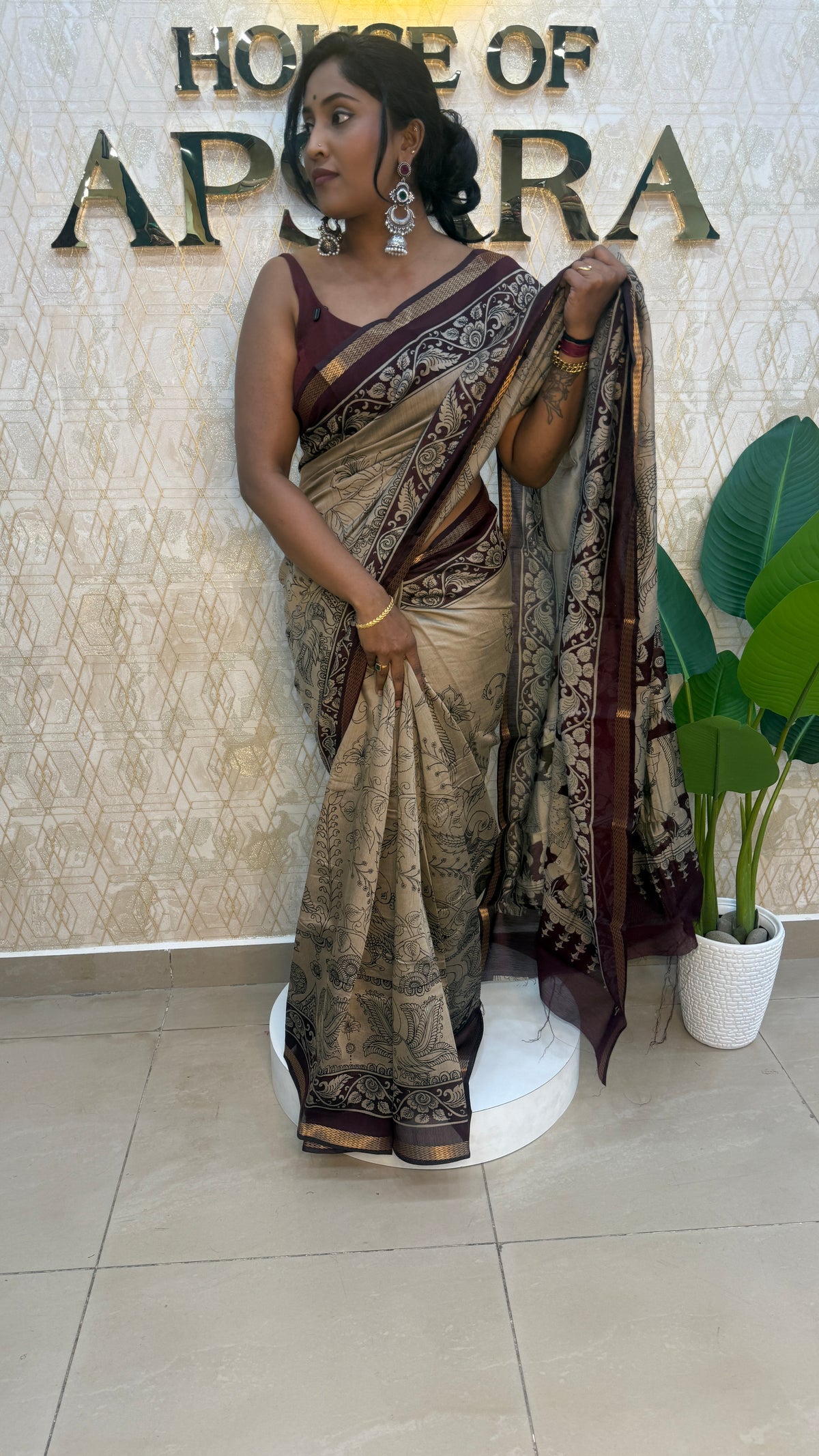 Cream n Maroon Kalamkari Print Mangalgiri Cotton Silk Saree 13
