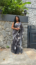 Black Lenin Cotton Floral Print Saree 19