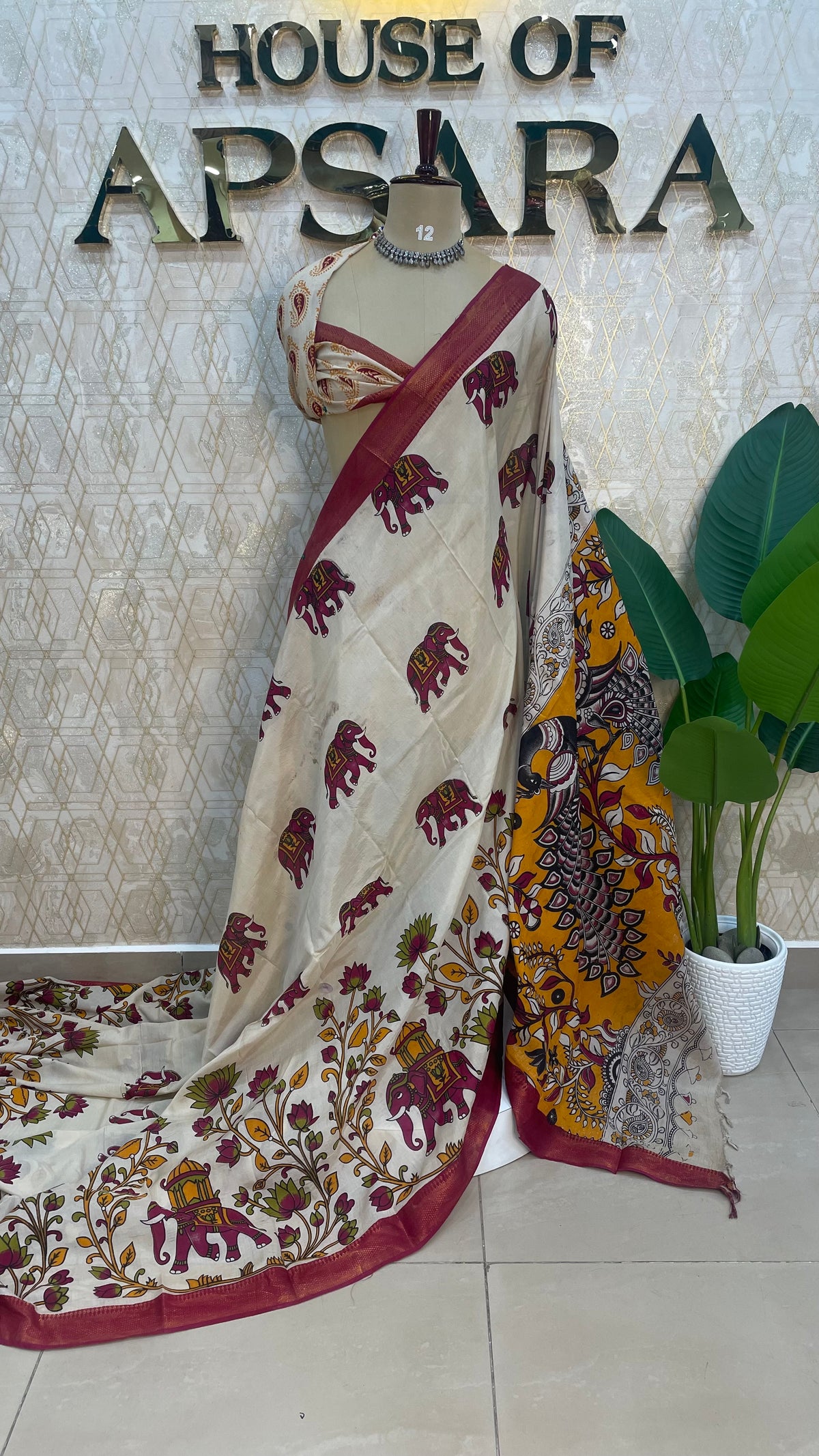 Cream n Pink Pen Kalamkari Saree 104