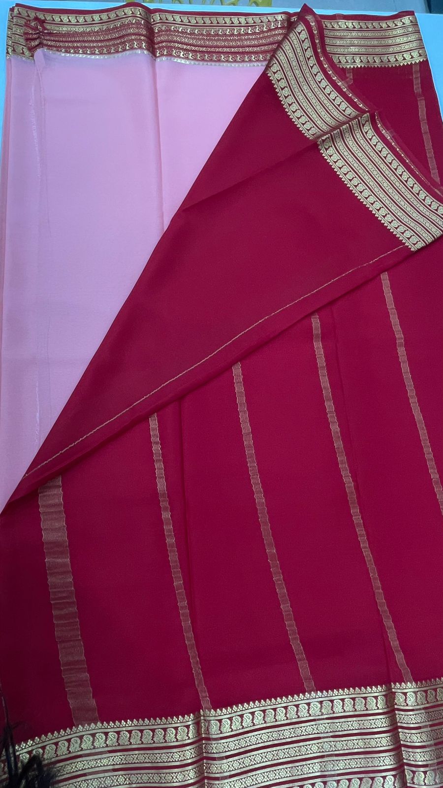 Peach n Red Pure Mysore Silk Crepe Saree 01