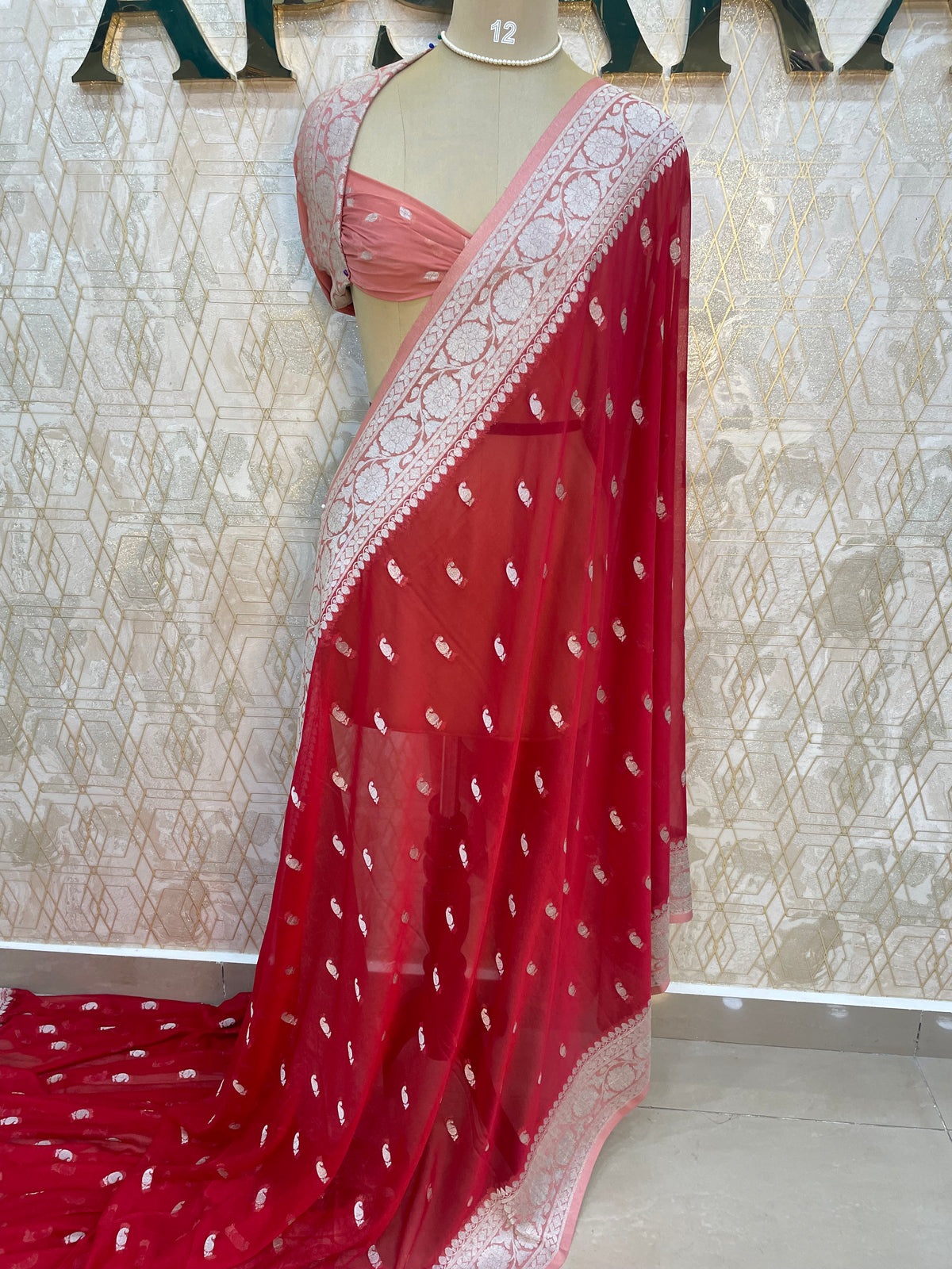 Red n Peach With Silver Zari Semi Chiffon