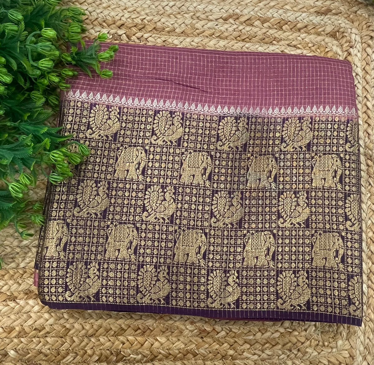 Onion Pink n Purple Checks Cotton Silk Saree 13