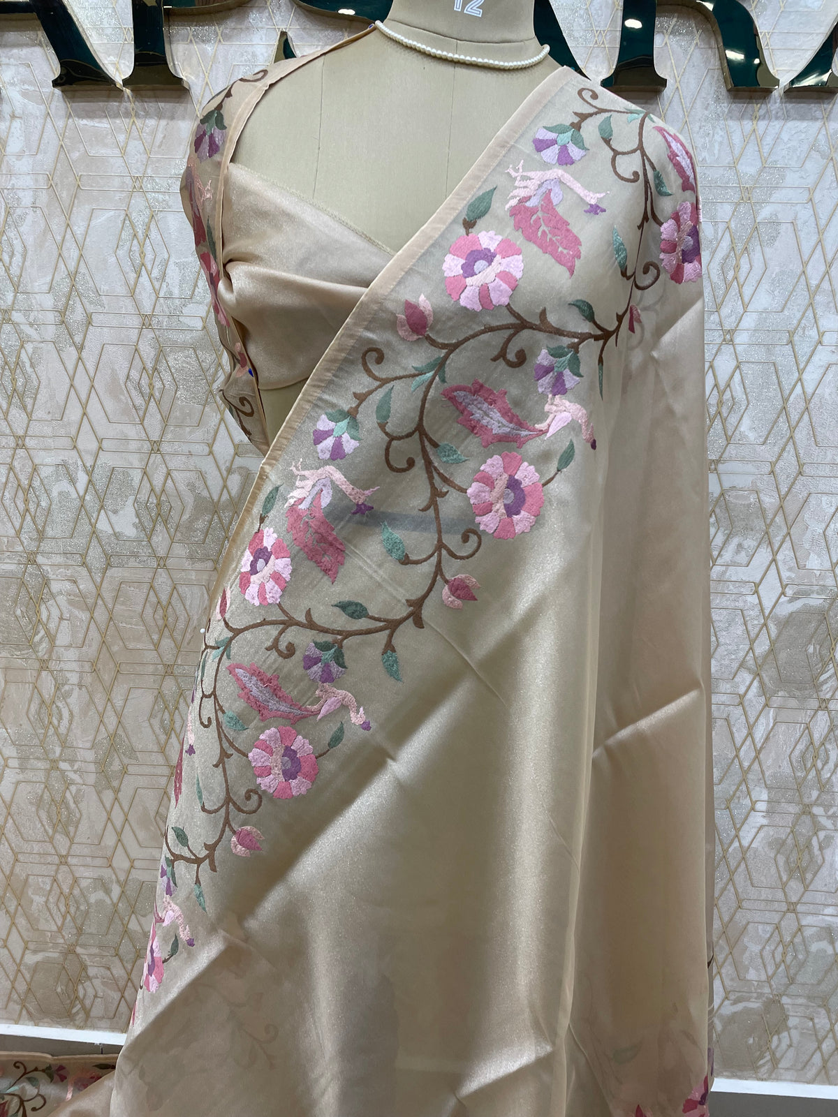 Cream Tissue Embroidery Work Saree 17