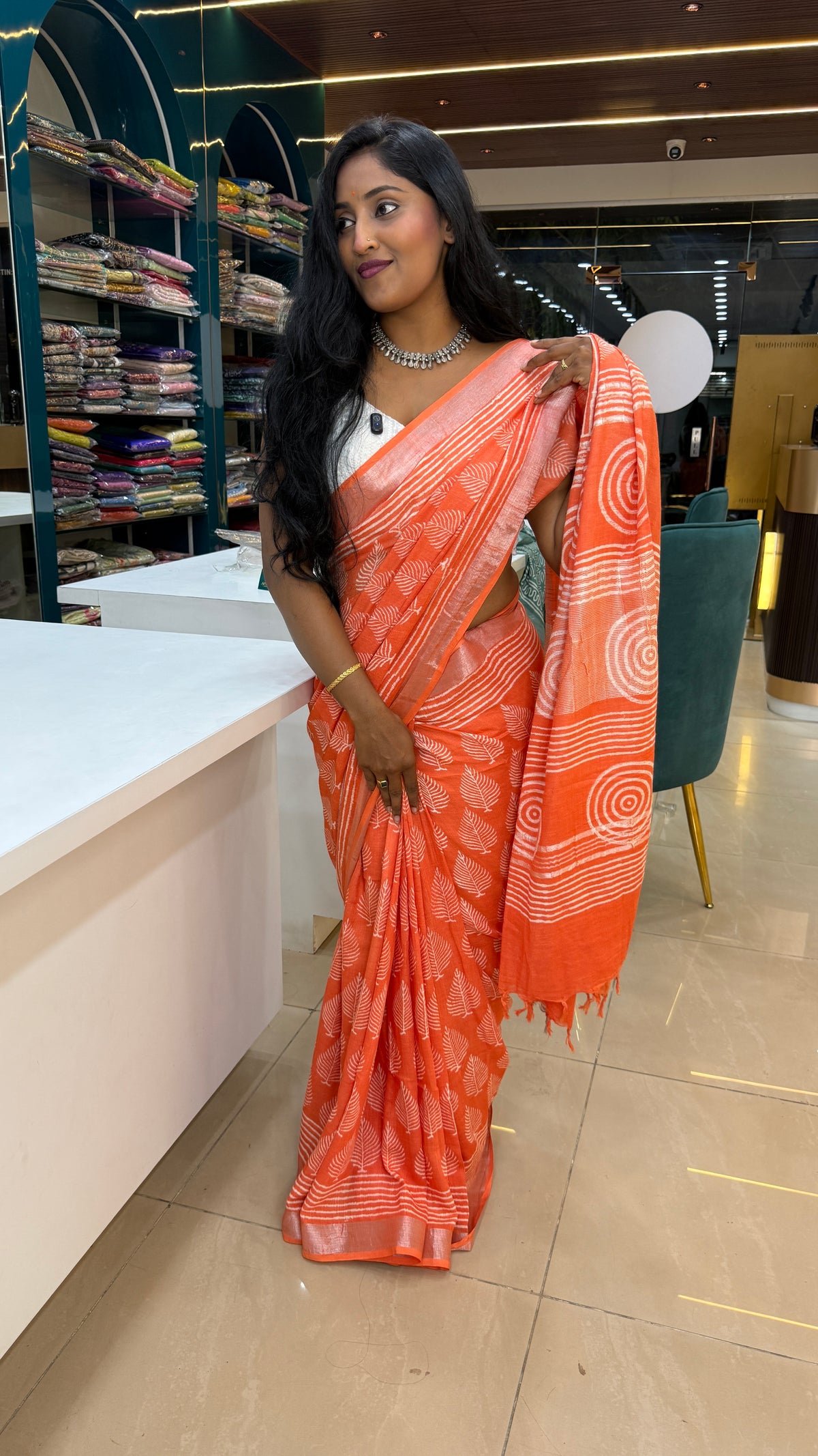 Orange Batik Print Lenin Saree 67