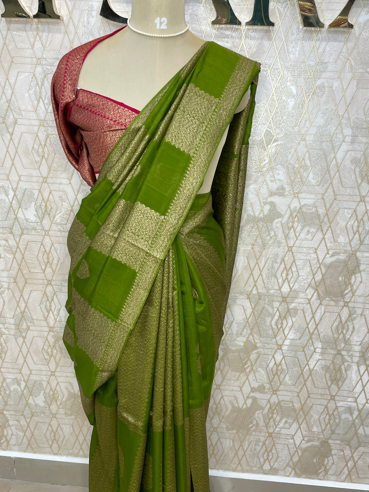 Green Tussur Self With Contrast Blouse Saree 36