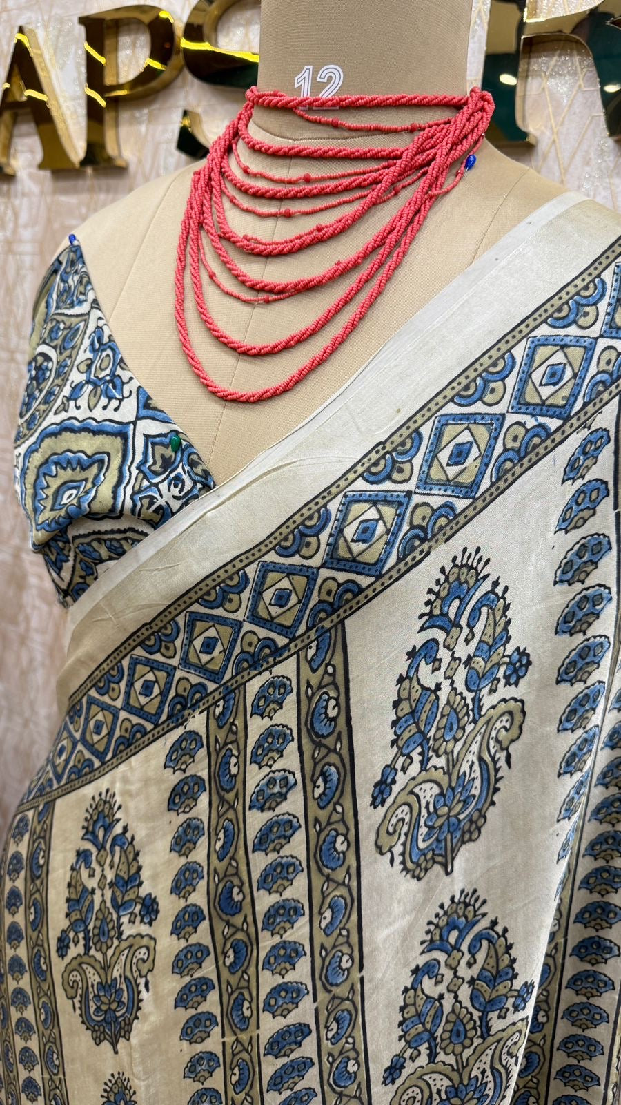 Cream Pure Modal Silk Ajrak Print Saree 05