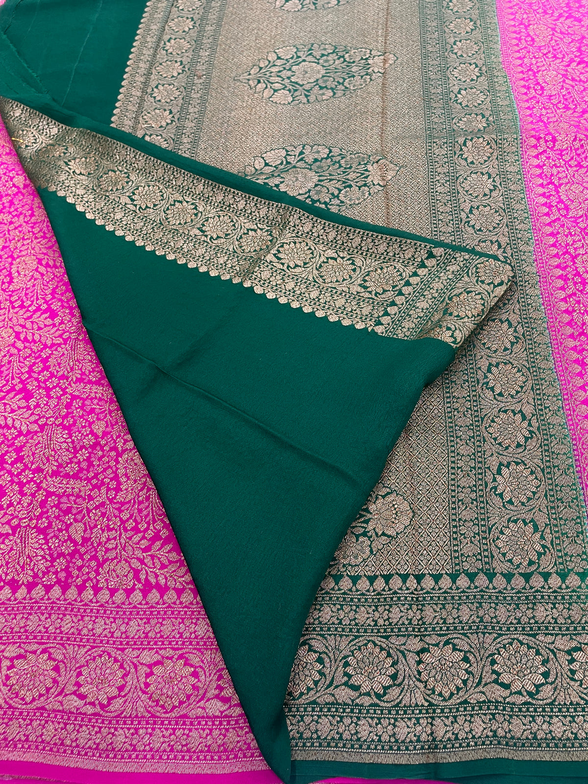 Pink n Green Pure Khadi Banarasi Crepe Saree 06