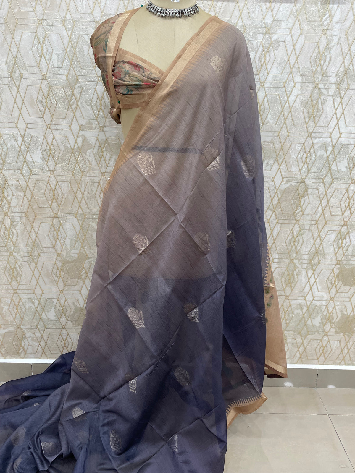 Brown n Navy Blue Raw Silk Saree 51