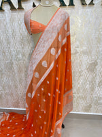 Orange n Peach With Silver Zari Semi Chiffon