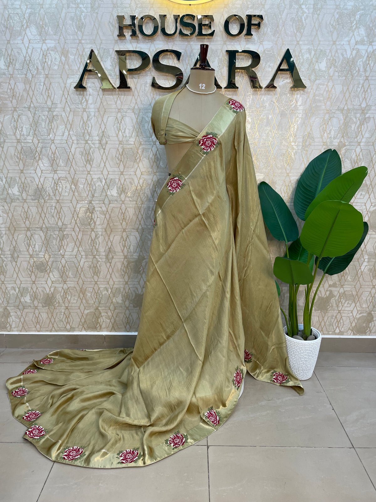 Beige Gold Satin Silk Petite Point Embroidery Saree 305