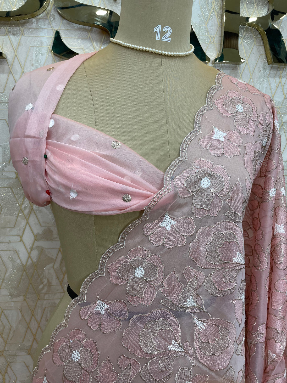 Baby Pink Organza Floral Embroidery Saree 29
