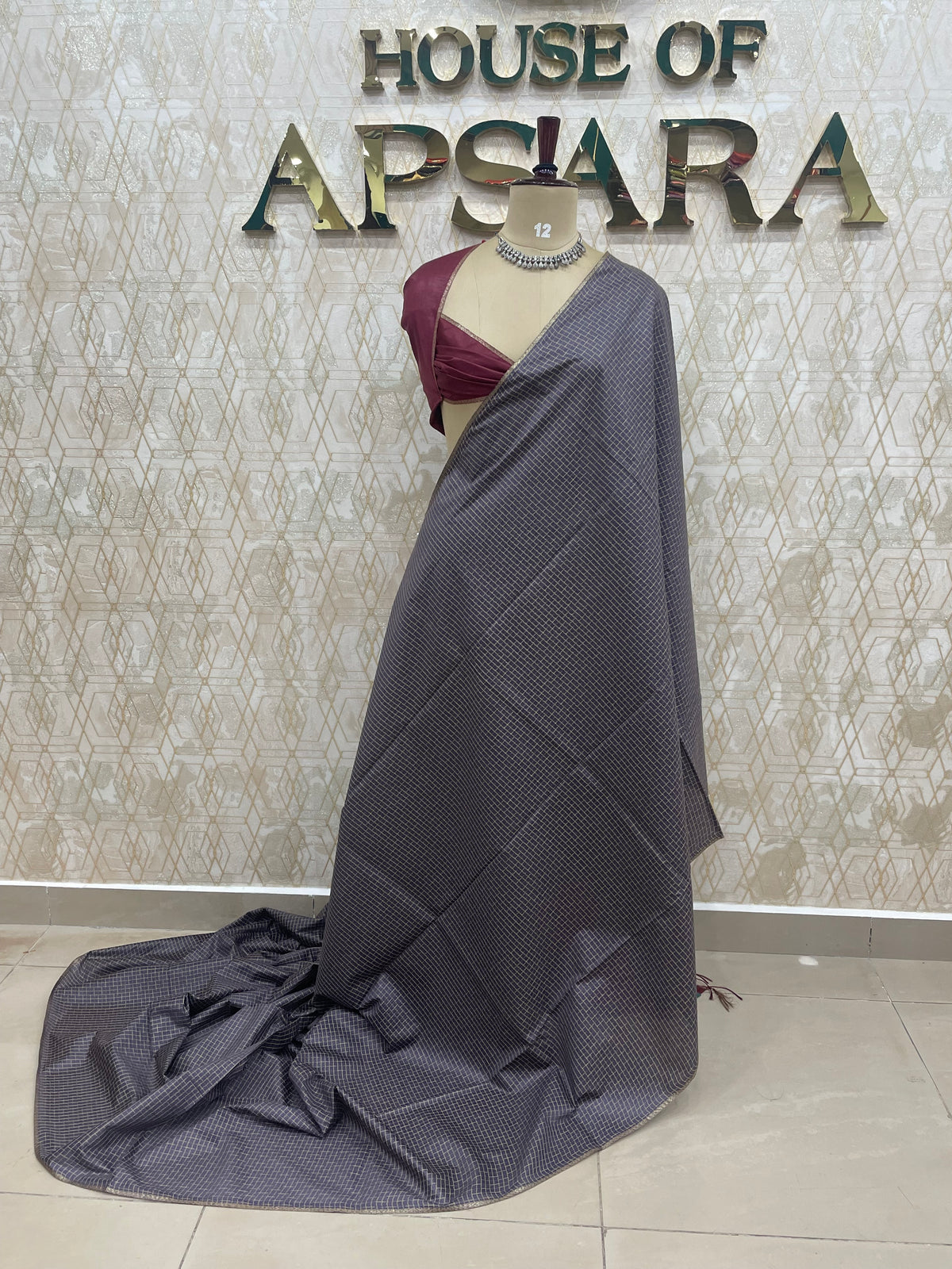 Grey n Maroon Checks Cotton Silk Saree 13