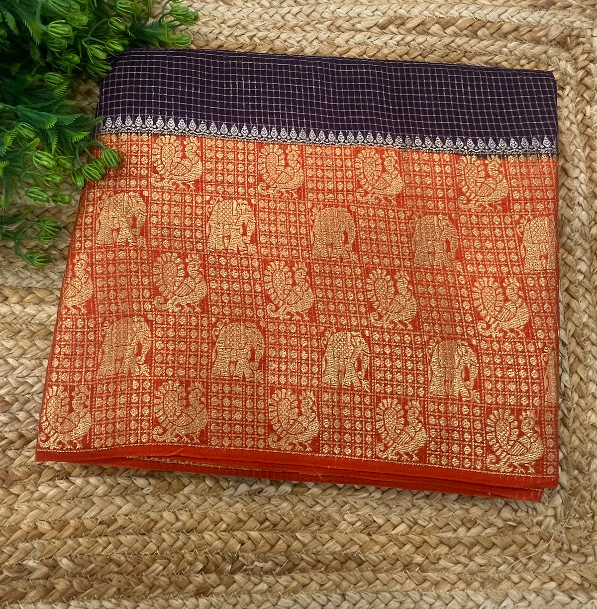 Purple n Orange Checks Cotton Silk Saree 13
