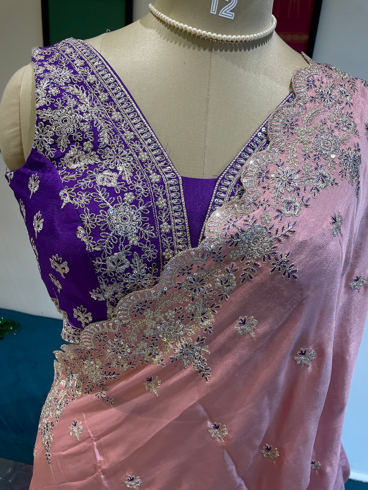 Pastel Pink Handwork Stitched Blouse Designer Party Saree