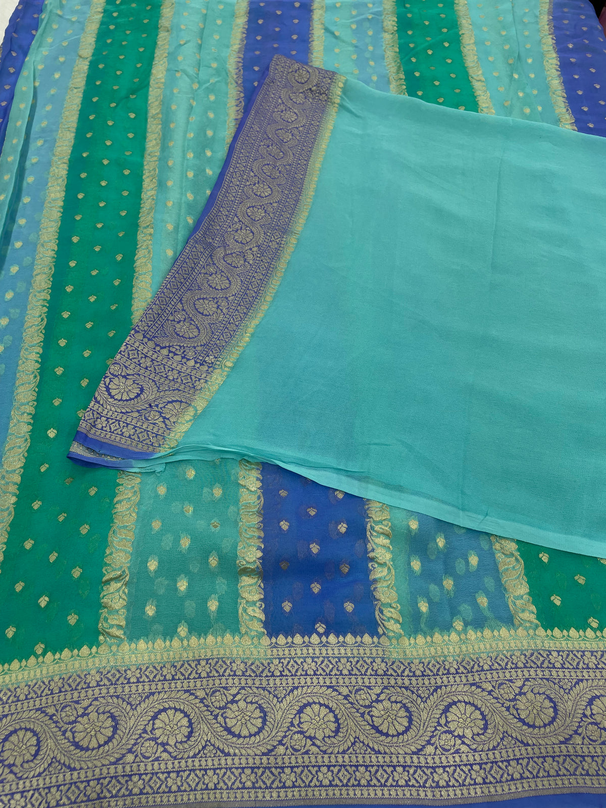 Green n Blue Dual Shade Pure Khadi Rangkart Georgette Saree 04