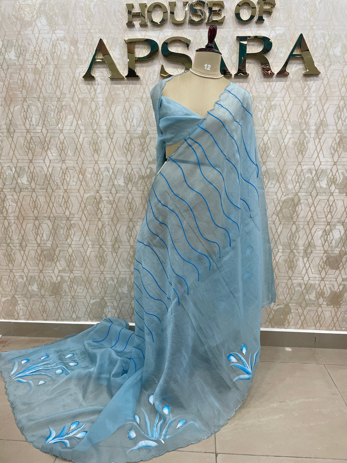 Pastel Blue Crush Tissue Hand Painted Saree 27