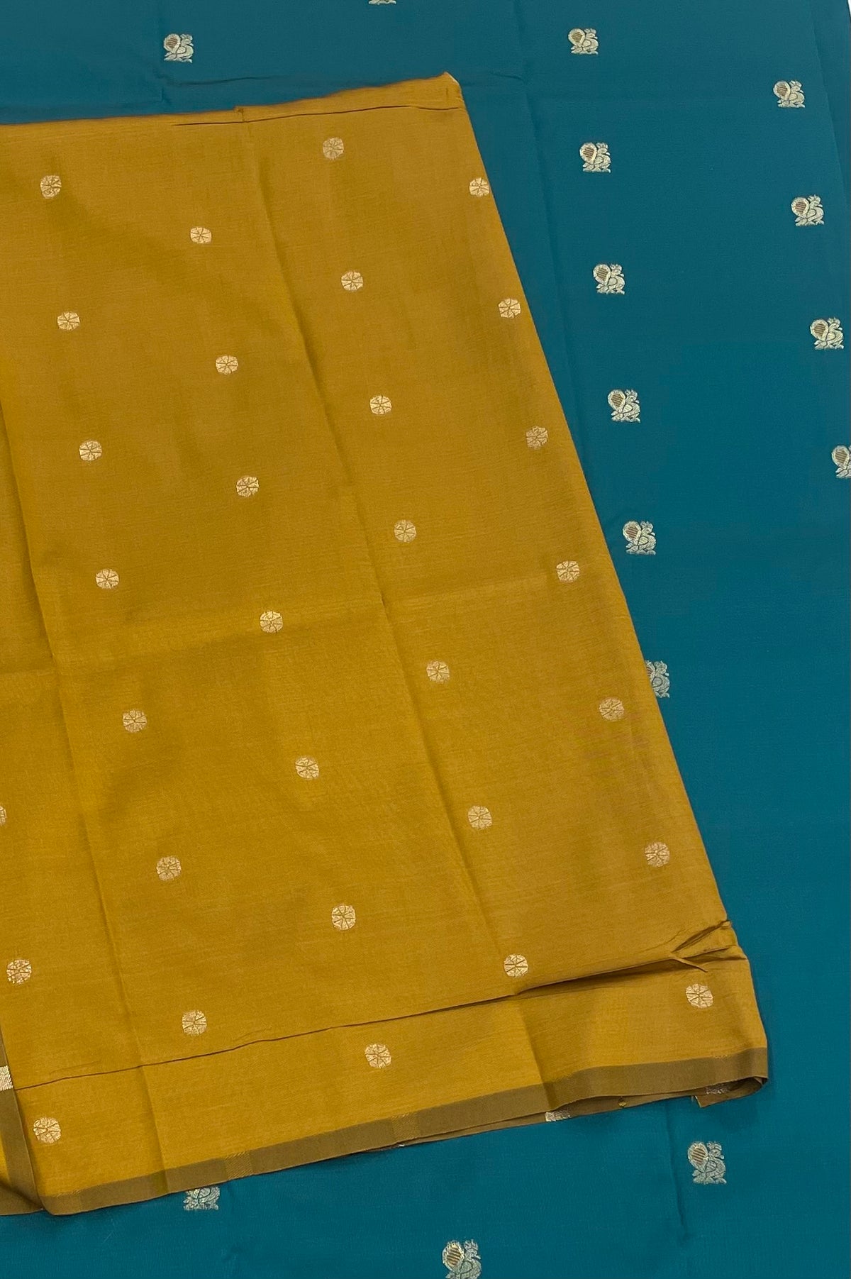 Peacock Blue n Yellow Semi Silk Saree 42