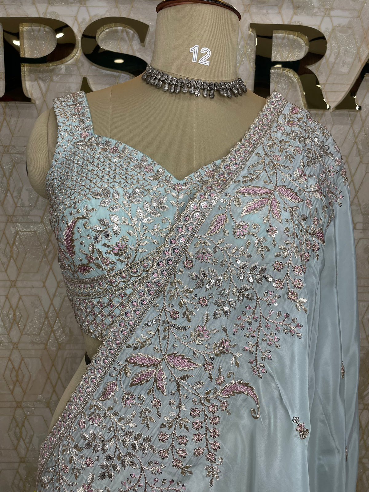 Sky Blue Handwork Stitched Blouse Designer Party Saree 55