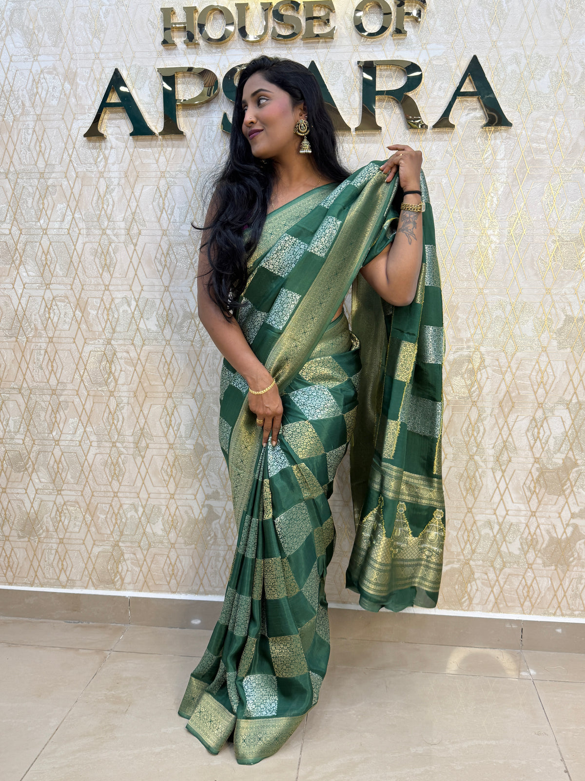 Bottle Green Chiniya Crepe Saree 29