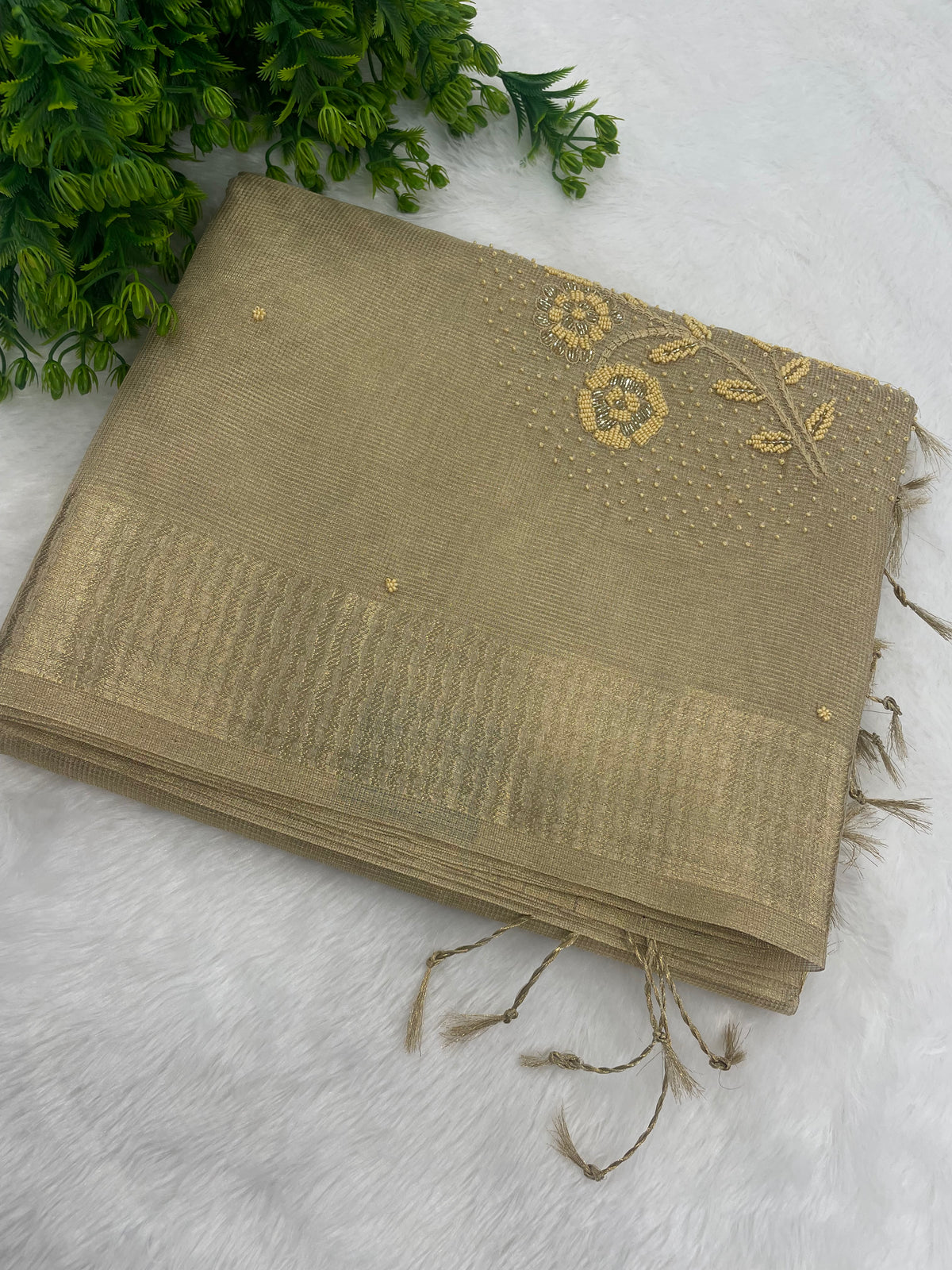Gold Designer Embroidery Work Tissue Saree 09