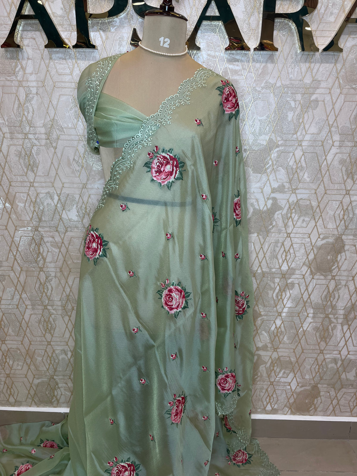 Pista Green Soft Organza CutWork With Embroidery Saree 40