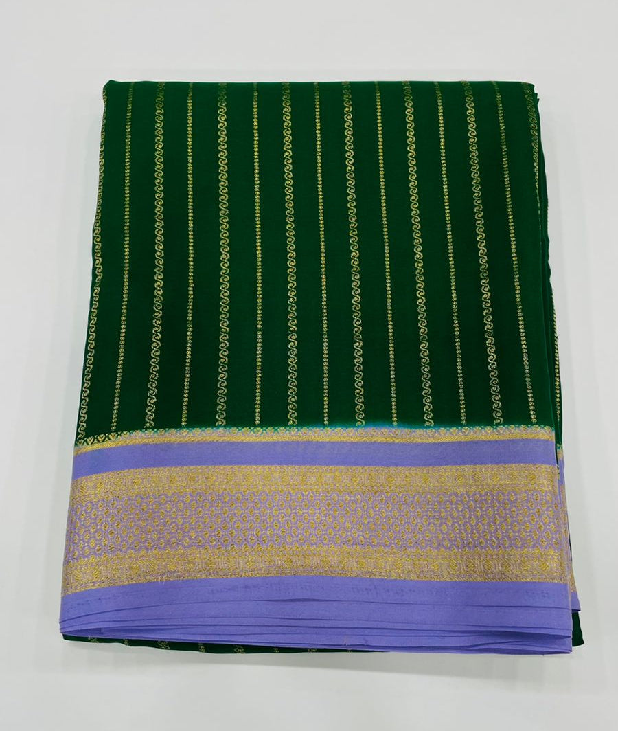 Bottel Green Stripes Pure Mysore Silk Crepe Saree 01