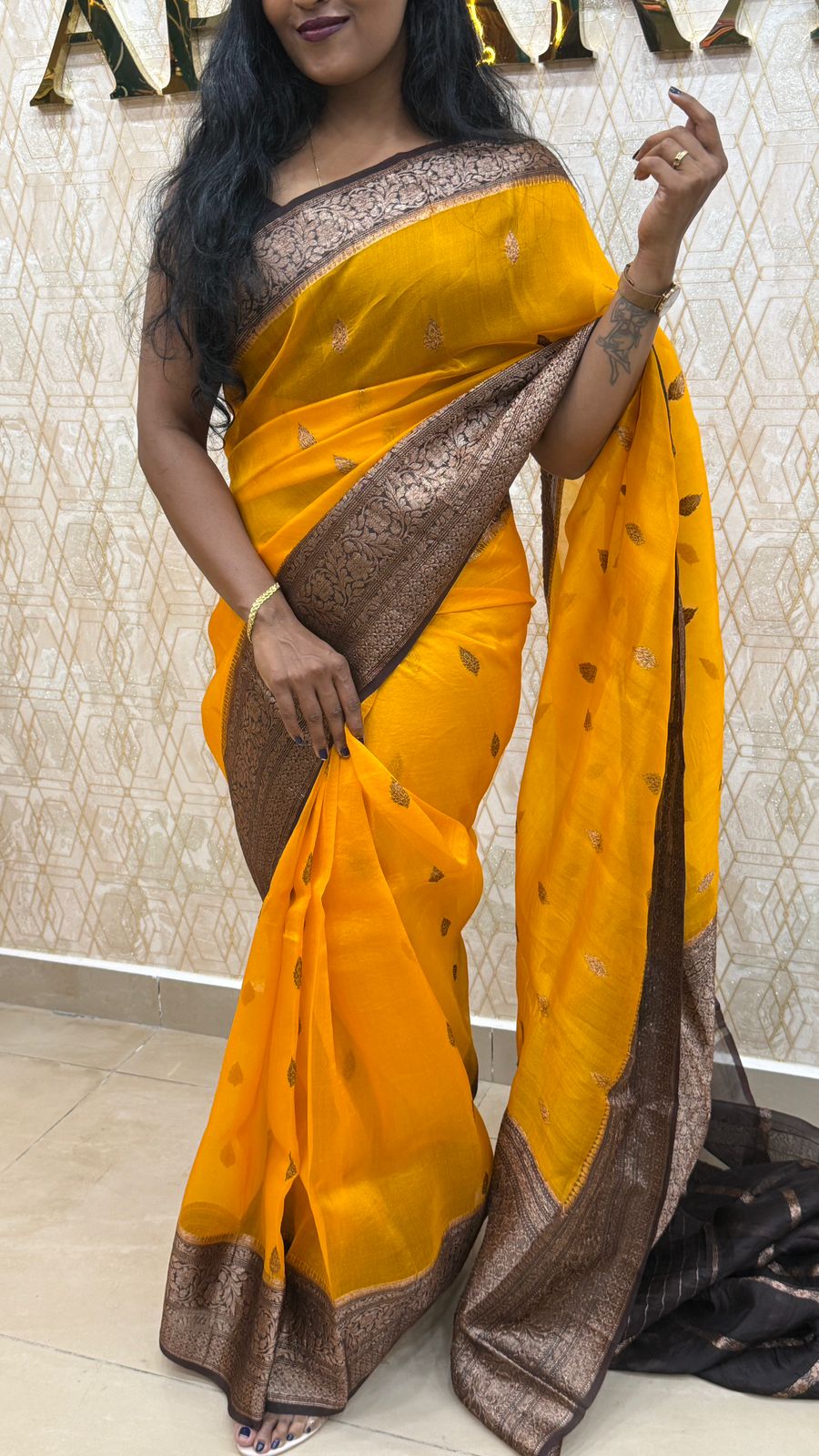 Mustard Yellow Pure Kora Antique saree 02