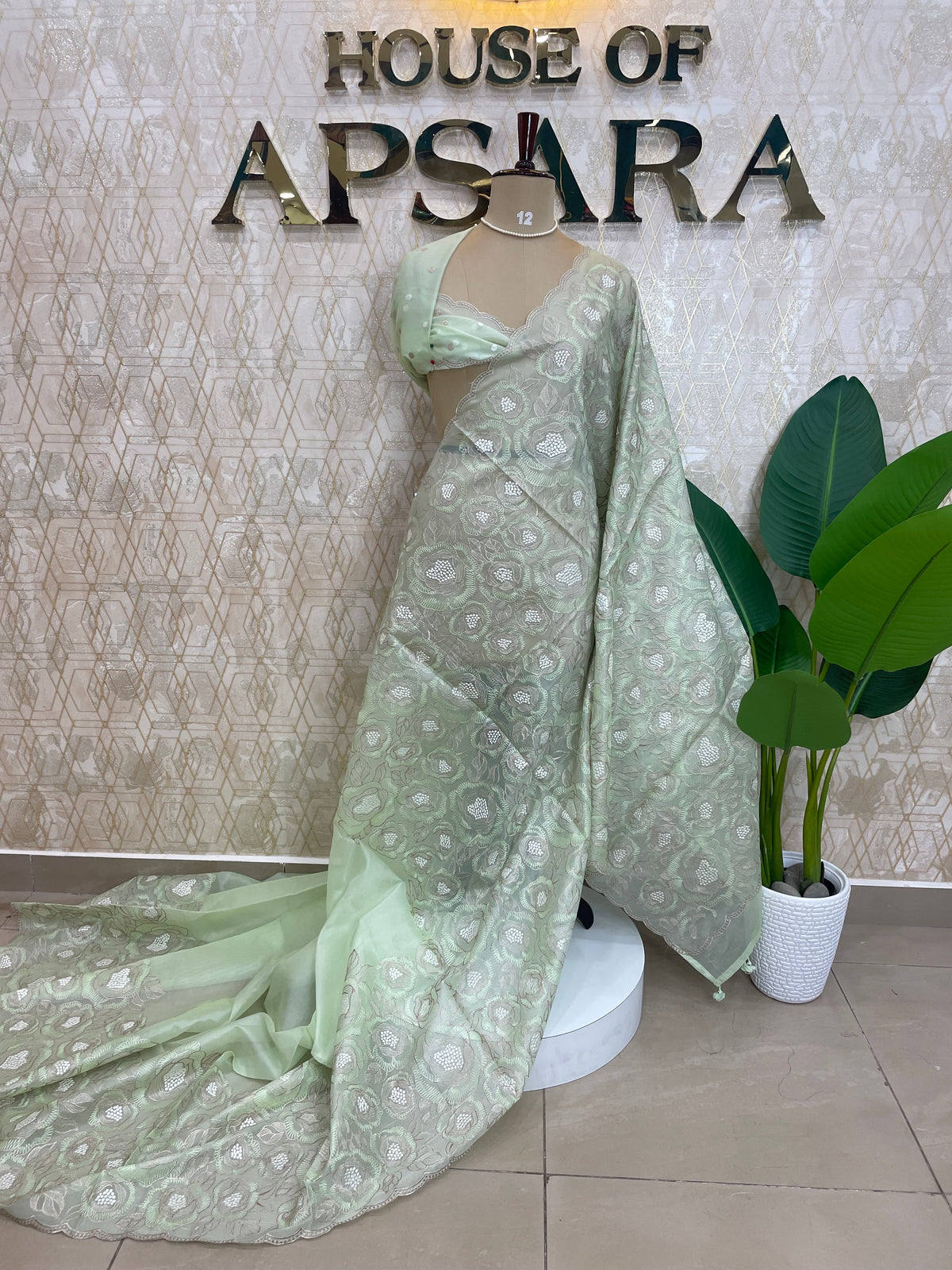 Pista Green Organza Floral Embroidery Saree 29