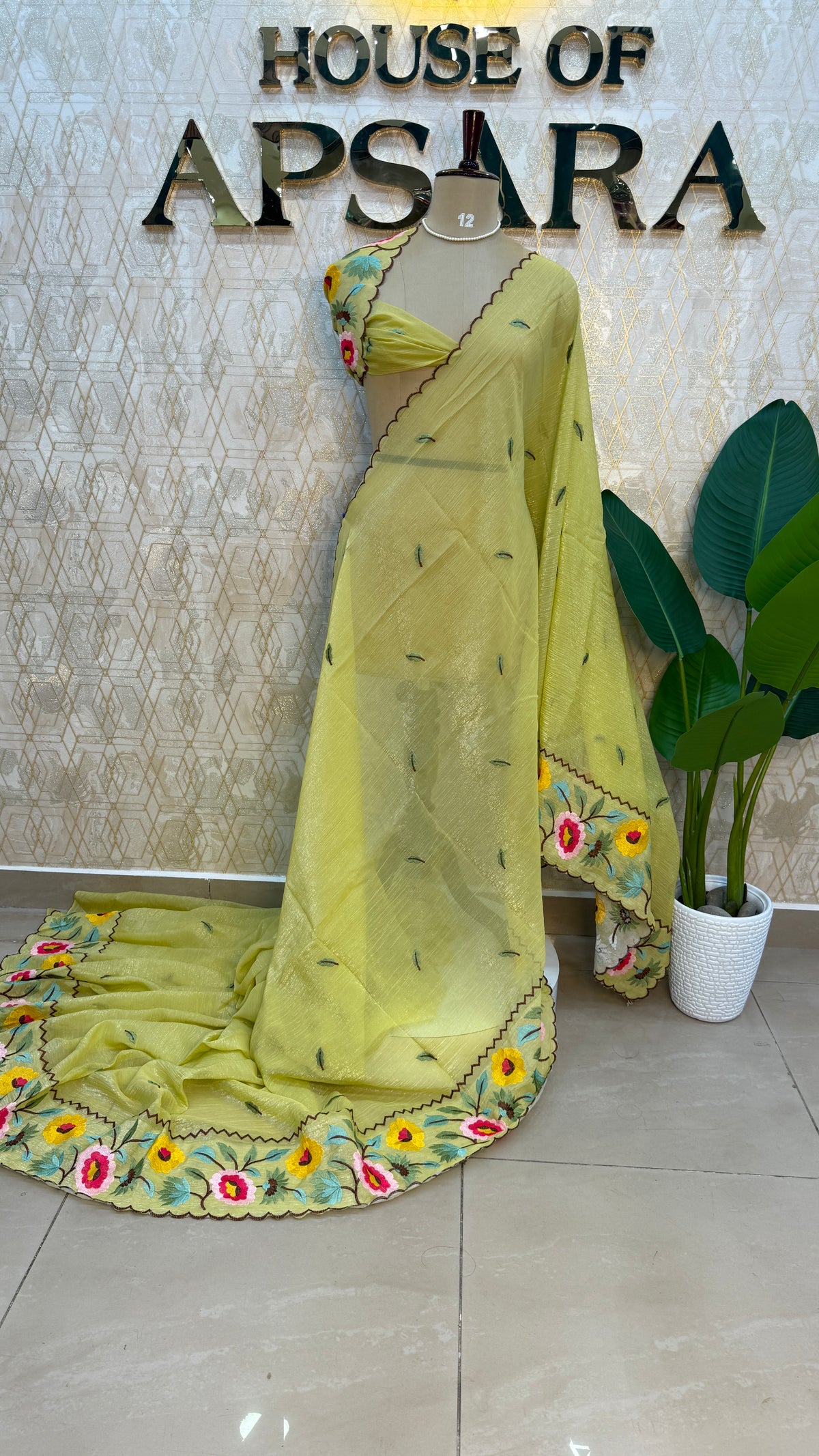 Yellow Soft Crush Tissue Sunflower Embroidery Work Saree 301
