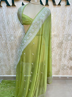 Pista Green With Silver Zari Semi Chiffon