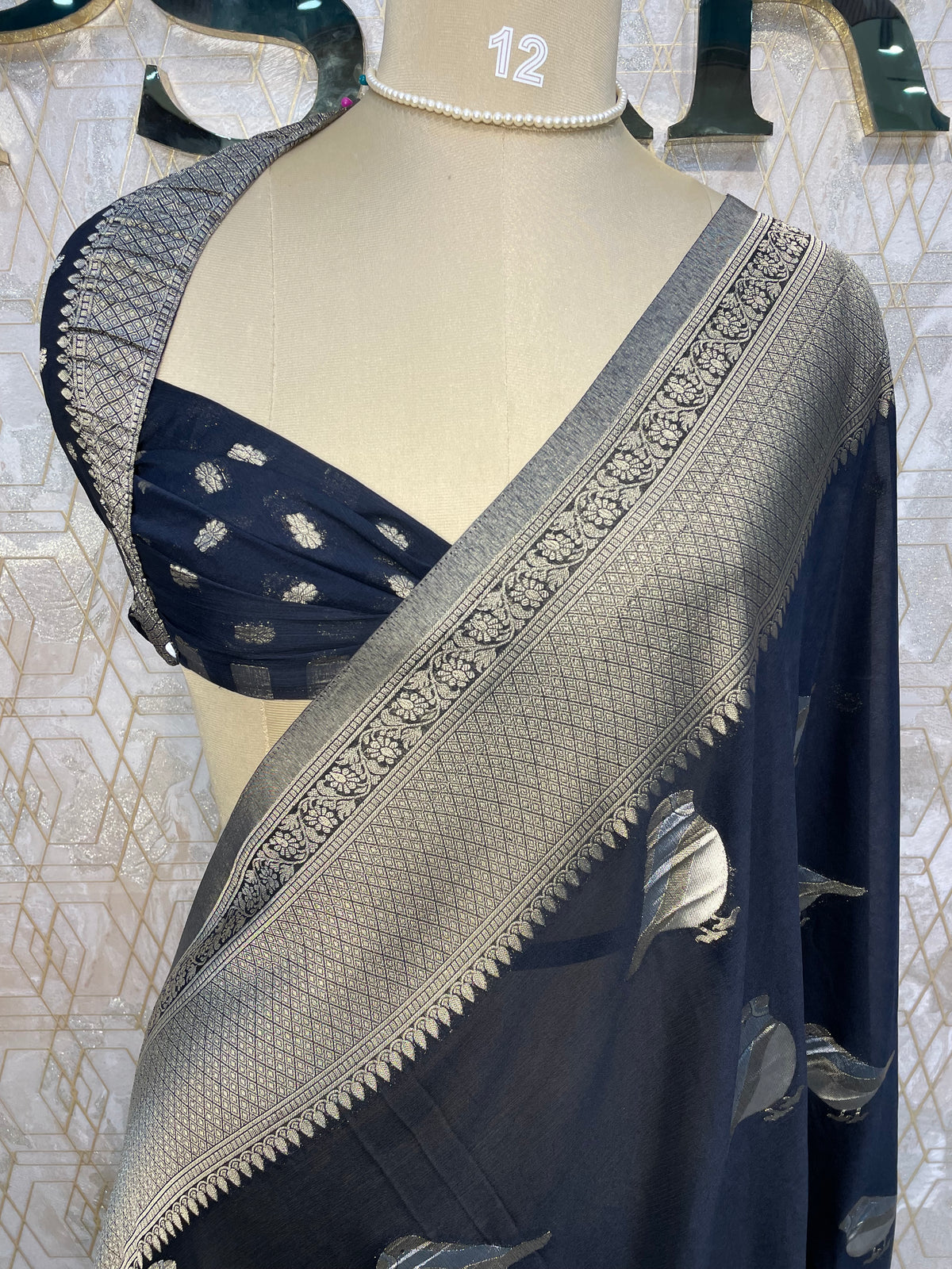 Black Chinnon Crepe Sparrow Butta Saree 67