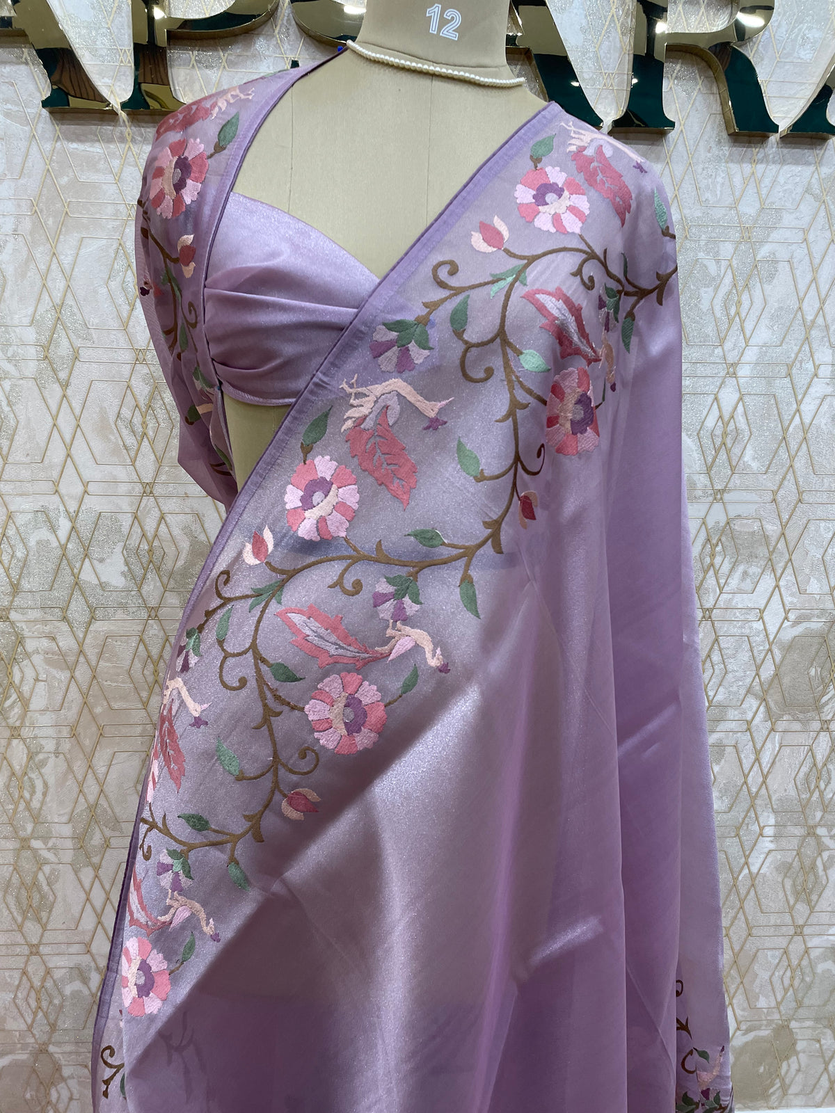 Lilac Tissue Embroidery Work Saree 17