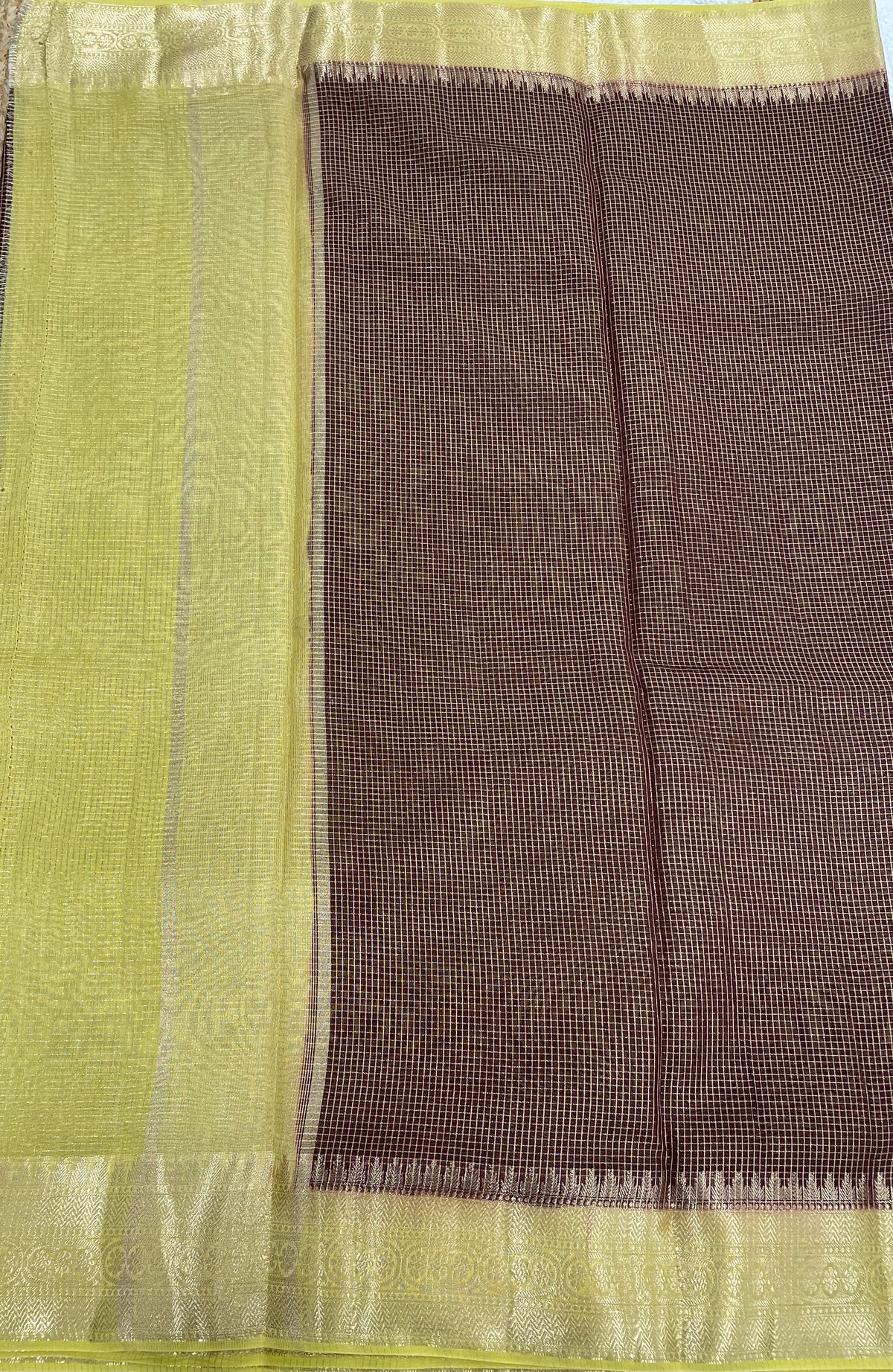 Brown n Yellow Checks Cotton Silk Saree 13