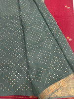 Red n Sky Blue Checks Cotton Silk Saree 13